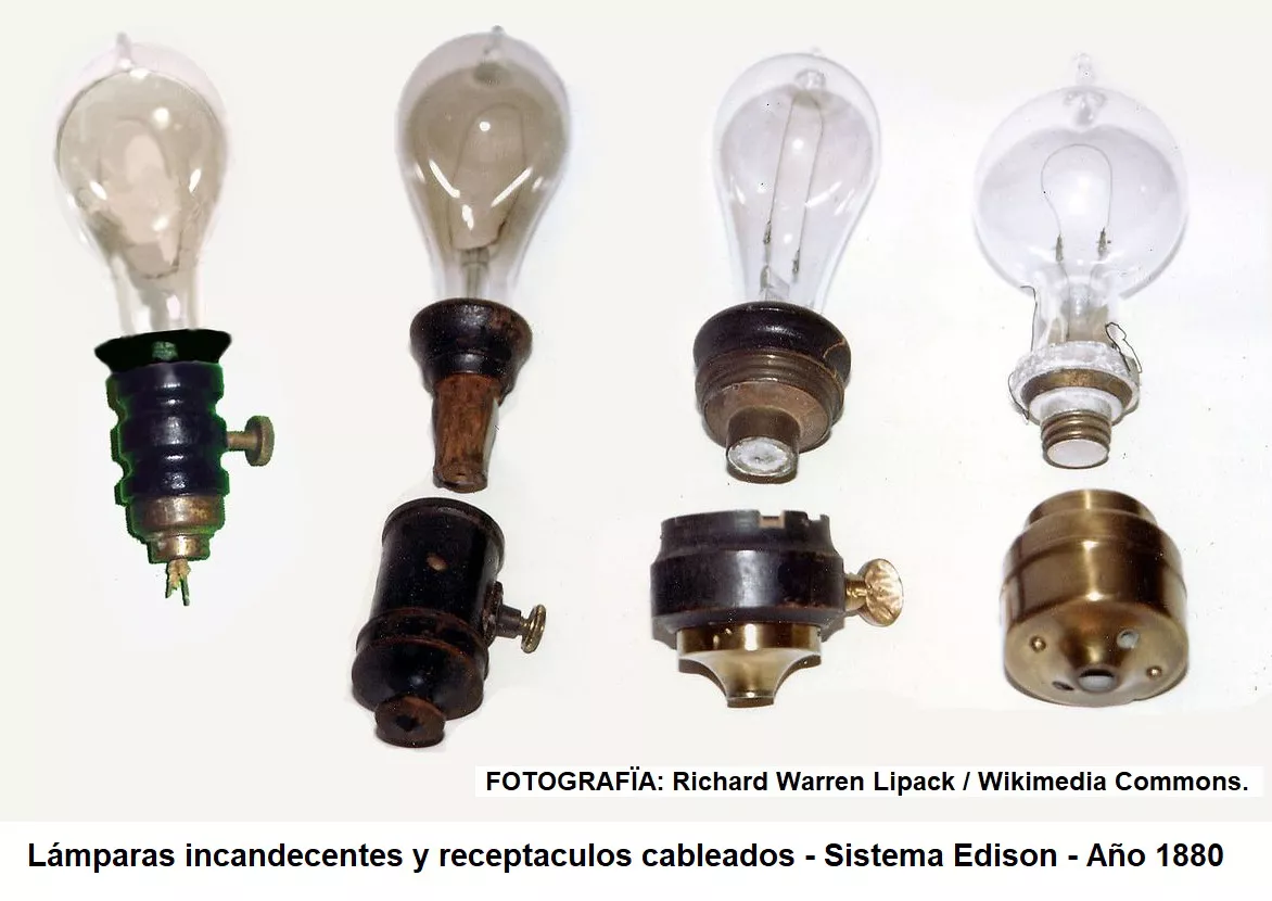 13 Lamparas incandescentes y sus receptaculos o bases en el Sitema Edison del año 1880